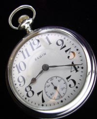 18 size open face Elgin pocket watch, white gold filled case